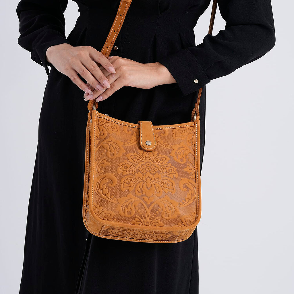 Genuine Leather Crossbody Bag with Embossed Floral Brocade - Tan