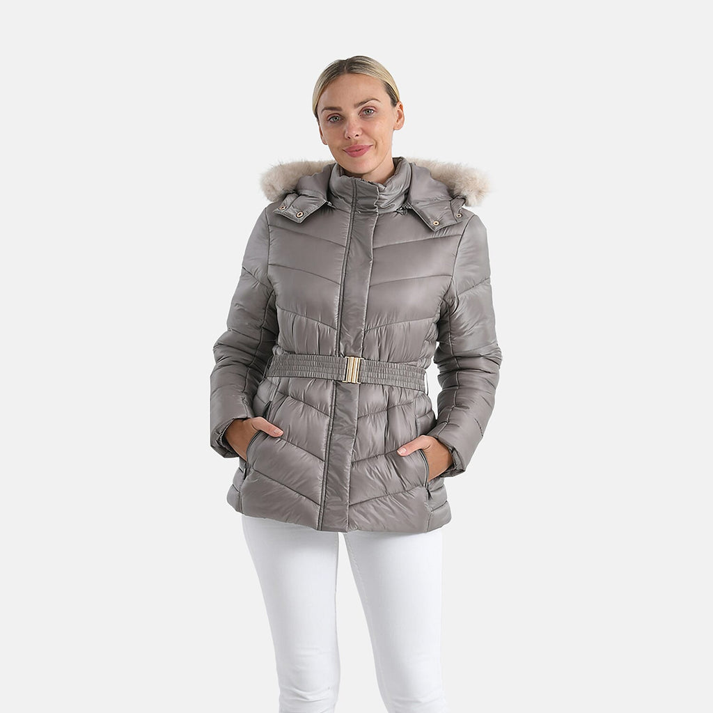GRAND SALE PRICE- Ladies Belted Windproof Puffer Jacket with Detatchable Fur Trim Hood (Size S) - Champagne