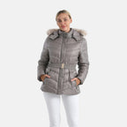GRAND SALE PRICE- Ladies Belted Windproof Puffer Jacket with Detatchable Fur Trim Hood (Size S) - Champagne