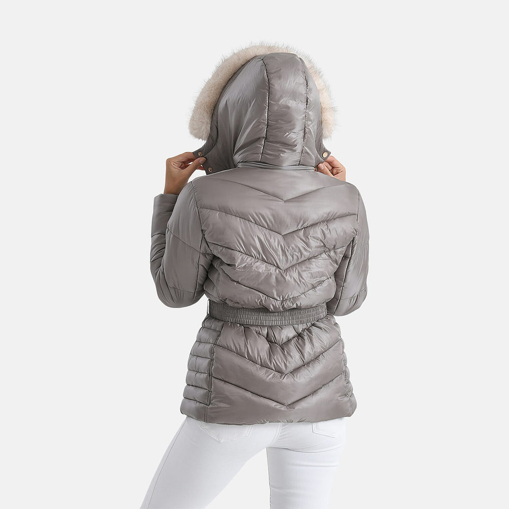 GRAND SALE PRICE- Ladies Belted Windproof Puffer Jacket with Detatchable Fur Trim Hood (Size S) - Champagne