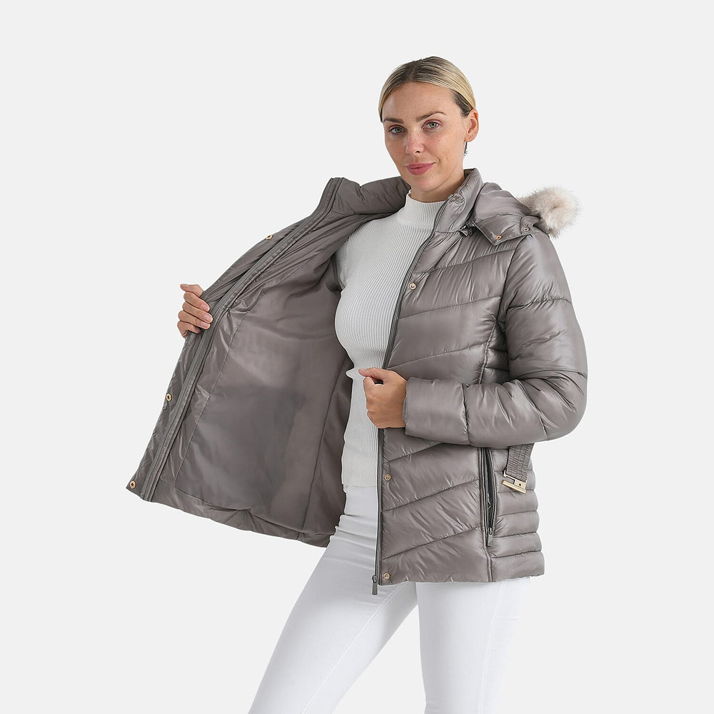 GRAND SALE PRICE- Ladies Belted Windproof Puffer Jacket with Detatchable Fur Trim Hood (Size S) - Champagne