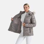 GRAND SALE PRICE- Ladies Belted Windproof Puffer Jacket with Detatchable Fur Trim Hood (Size S) - Champagne