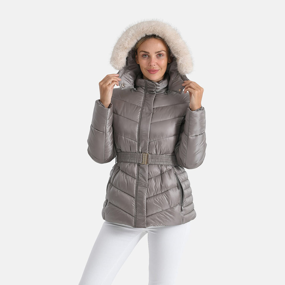 GRAND SALE PRICE- Ladies Belted Windproof Puffer Jacket with Detatchable Fur Trim Hood (Size S) - Champagne