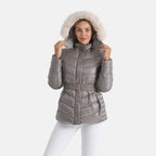 GRAND SALE PRICE- Ladies Belted Windproof Puffer Jacket with Detatchable Fur Trim Hood (Size S) - Champagne