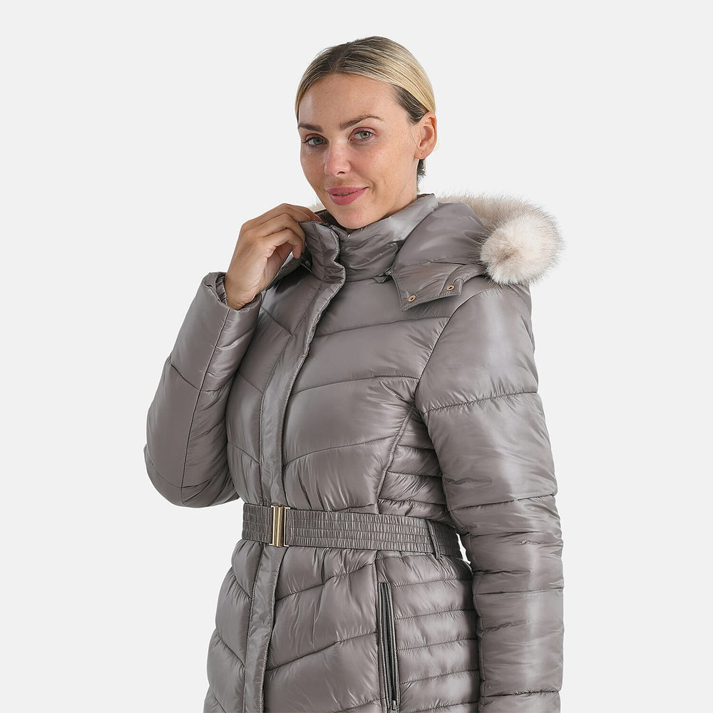 GRAND SALE PRICE- Ladies Belted Windproof Puffer Jacket with Detatchable Fur Trim Hood (Size S) - Champagne