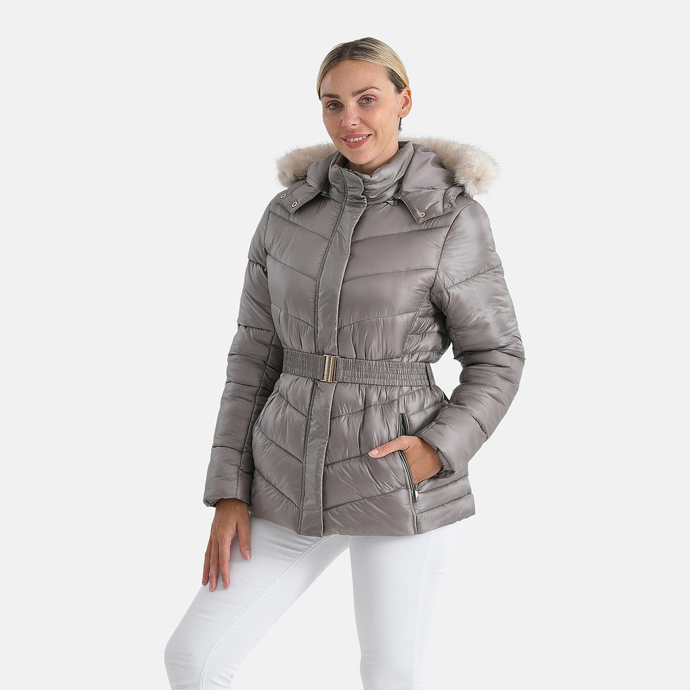 GRAND SALE PRICE- Ladies Belted Windproof Puffer Jacket with Detatchable Fur Trim Hood (Size S) - Champagne