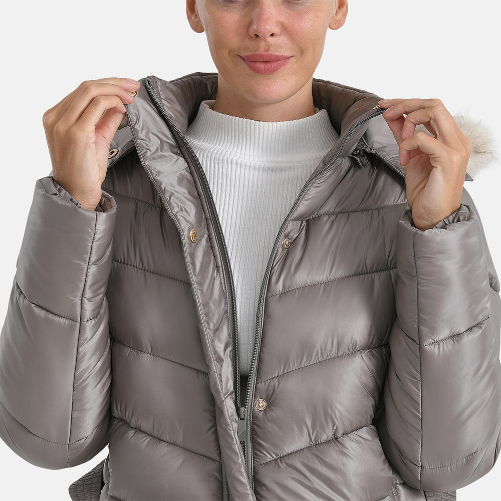 GRAND SALE PRICE- Ladies Belted Windproof Puffer Jacket with Detatchable Fur Trim Hood (Size S) - Champagne