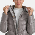 GRAND SALE PRICE- Ladies Belted Windproof Puffer Jacket with Detatchable Fur Trim Hood (Size S) - Champagne