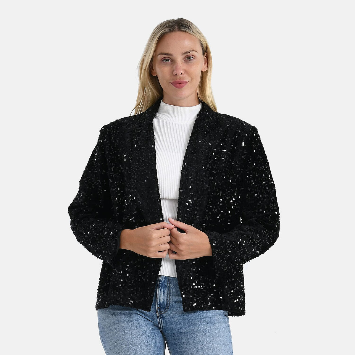 Valissiere Sequin Supersoft Lapel Blazer (Size XL) - Black