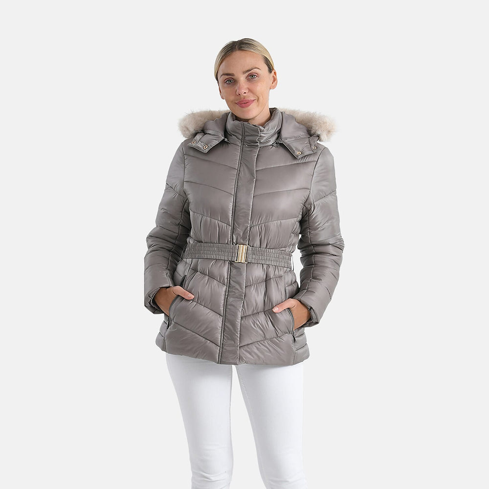 Valissiere Ladies Belted Water-Windproof Puffer Jacket with Detatchable Fur Trim Hood (Size XL) - Champagne