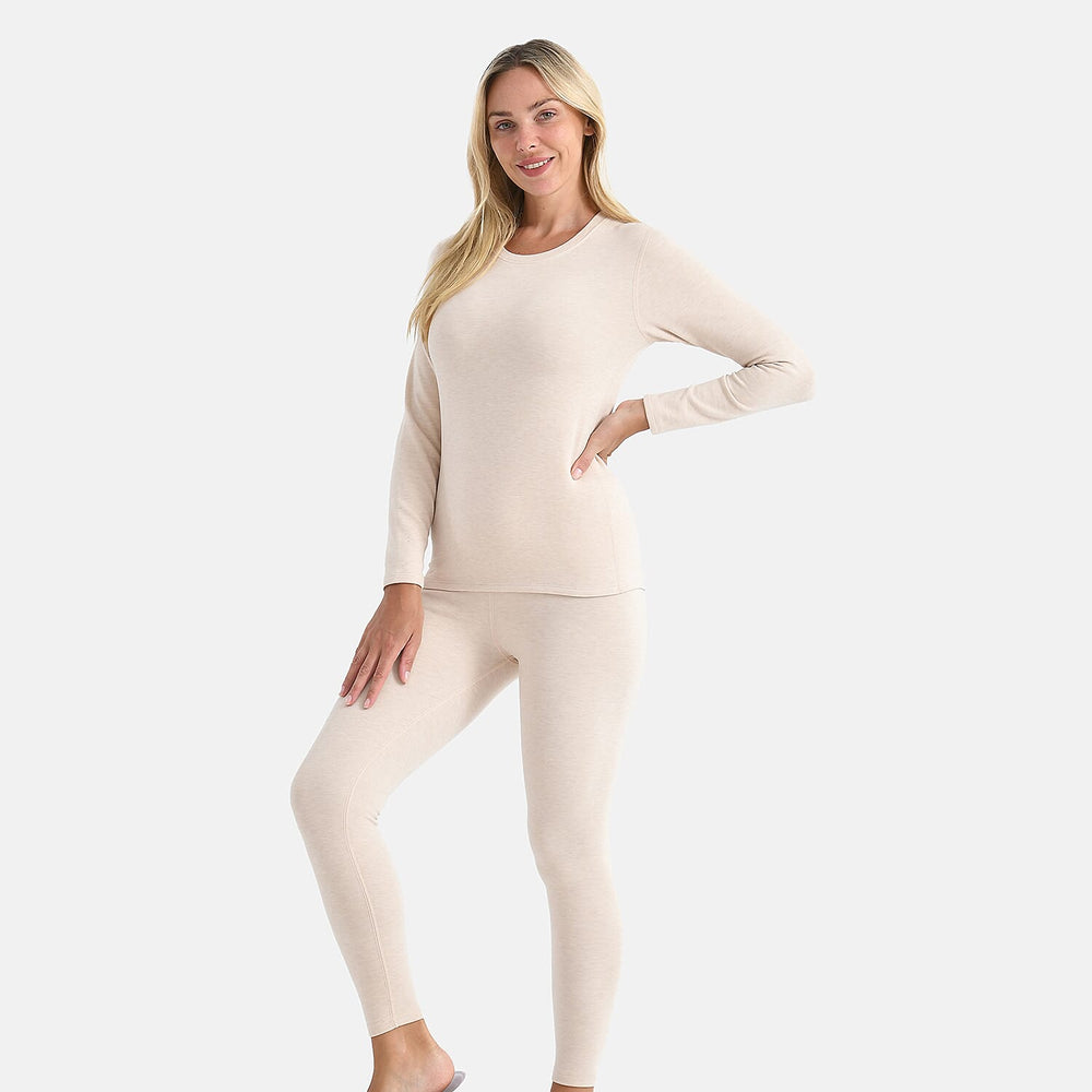 Valissiere Cashmere Blend Thermal Scoop Neck Top - Leggings Set with Infused Mulberry Silk (Size - M) - Beige