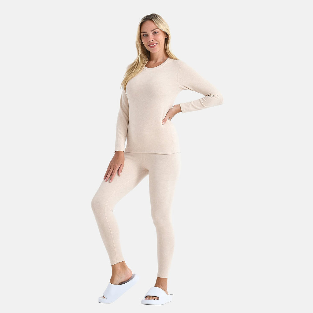 Valissiere Cashmere Blend Thermal Scoop Neck Top - Leggings Set with Infused Mulberry Silk (Size - M) - Beige
