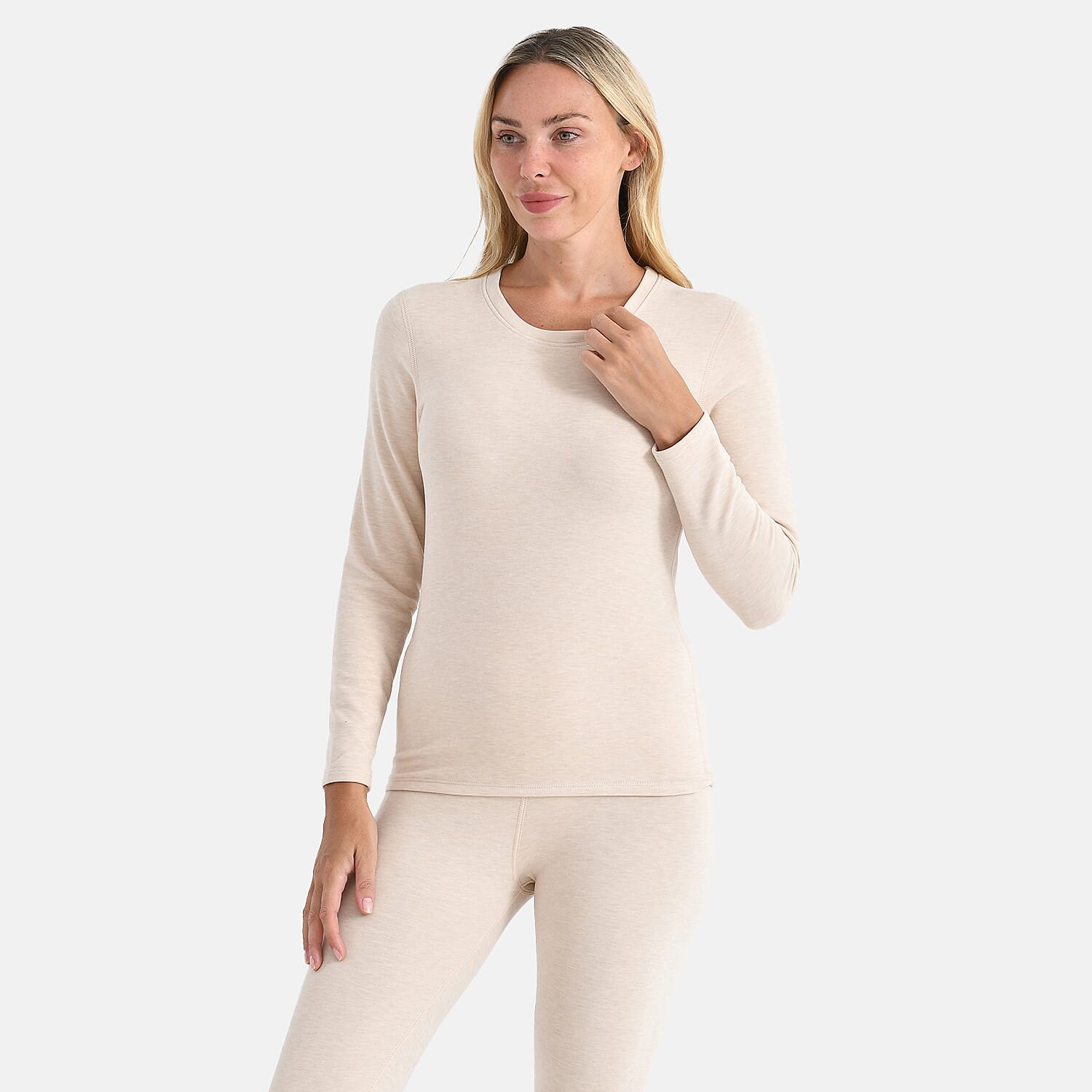 Valissiere Cashmere Blend Thermal Scoop Neck Top - Leggings Set with Infused Mulberry Silk (Size - M) - Beige