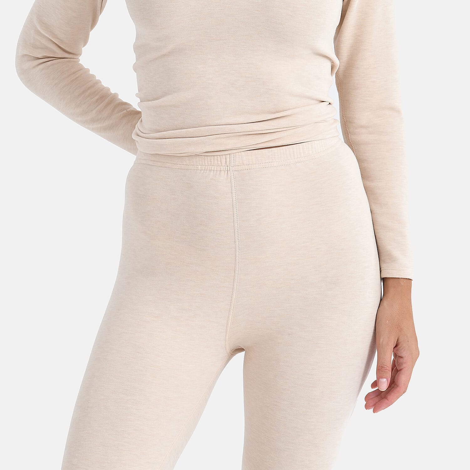Valissiere Cashmere Blend Thermal Scoop Neck Top - Leggings Set with Infused Mulberry Silk (Size - M) - Beige