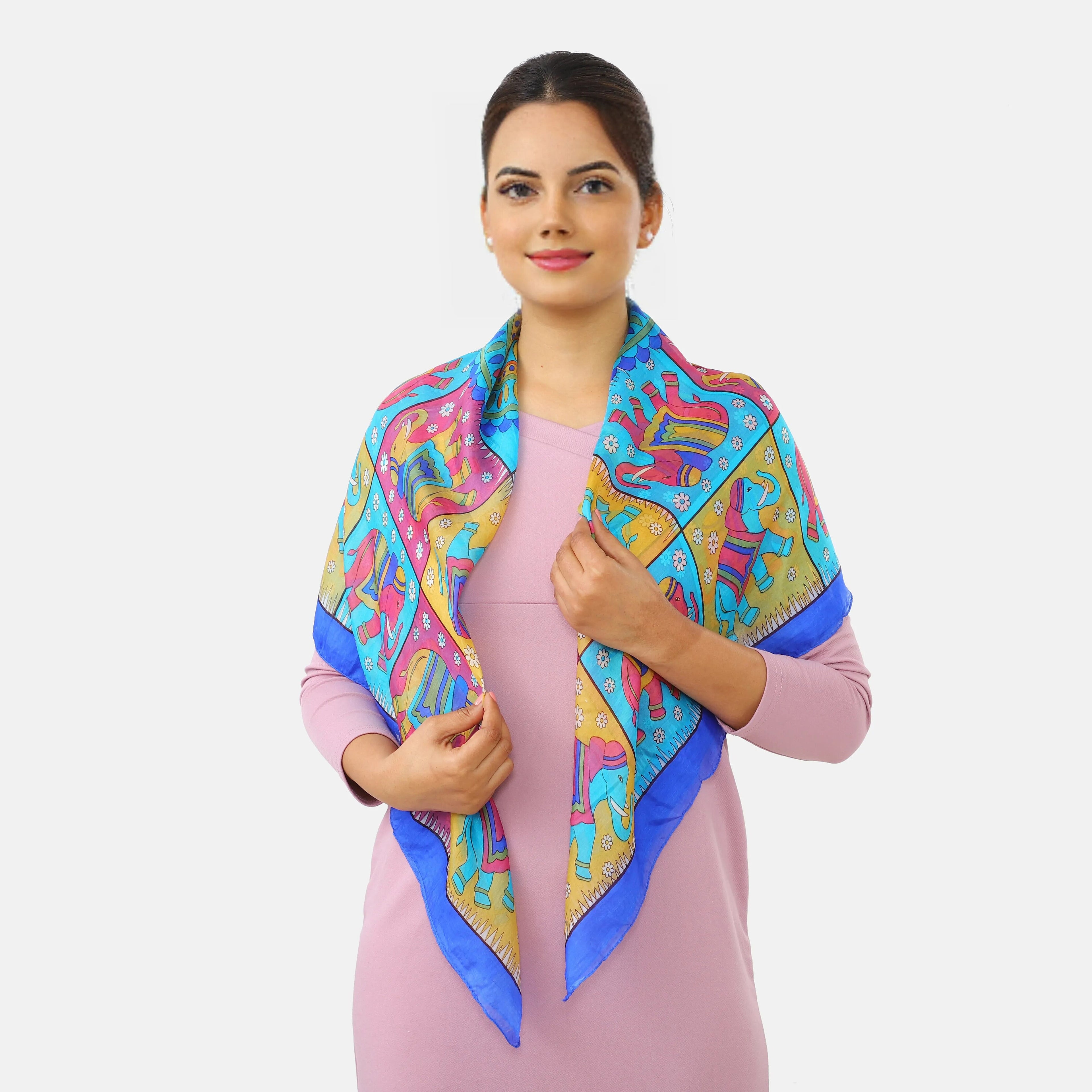 Valissiere 100% Pure Silk Elephant Print Scarf (100 x 100cm) - Light Blue
