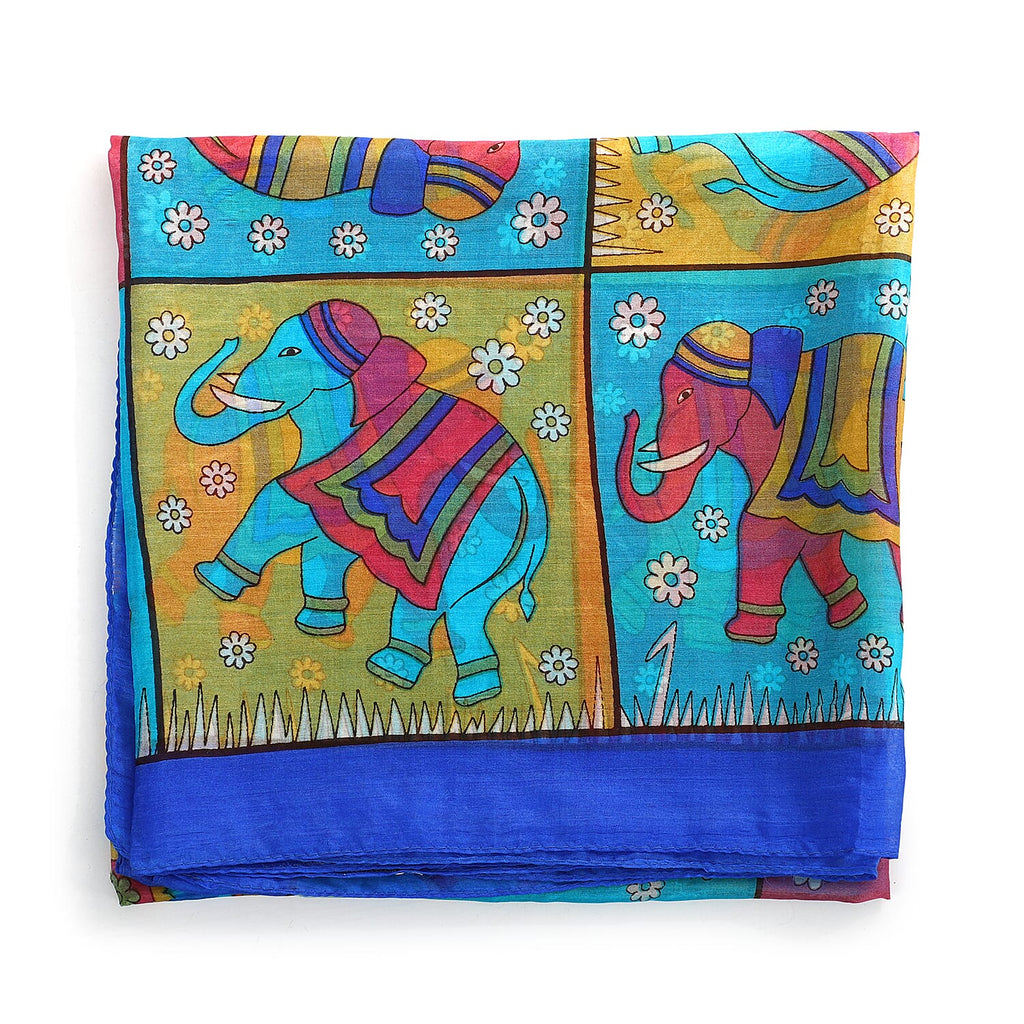 Valissiere 100% Pure Silk Elephant Print Scarf (100 x 100cm) - Light Blue