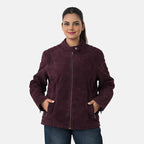 Valissiere Womens Genuine Leather Suede Bomber Jacket With Shoulder Quilting And Structured Fit (Size 12) - Maroon