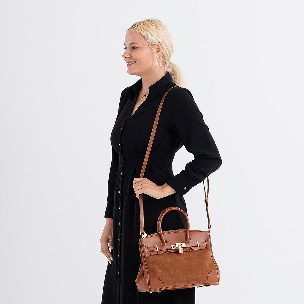 THE MOST DESIRED BAG - Designer Inspired Valliserie Genuine Leather Classic Structured Satchel Bag with Gift Box - Tan