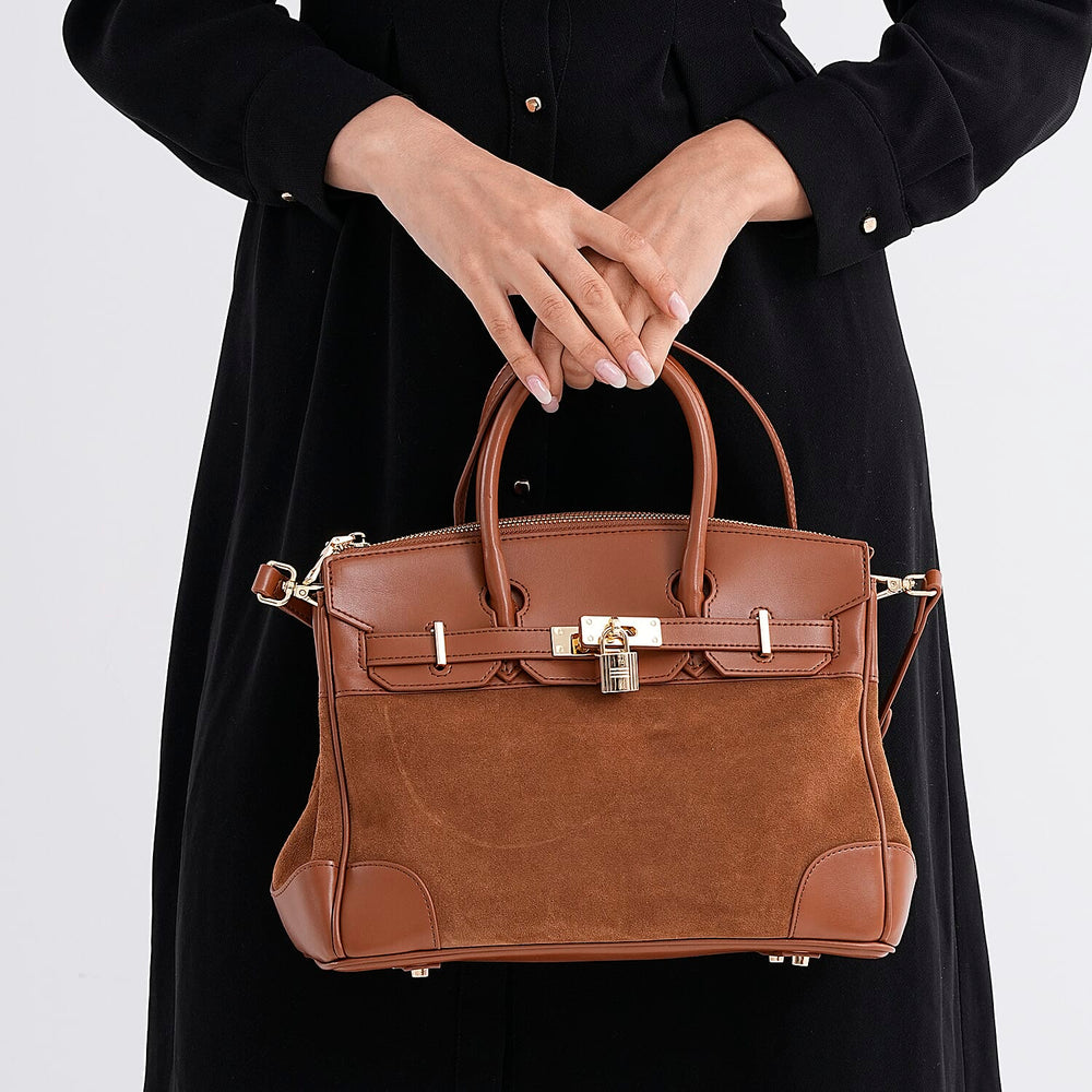 THE MOST DESIRED BAG - Designer Inspired Valliserie Genuine Leather Classic Structured Satchel Bag with Gift Box - Tan