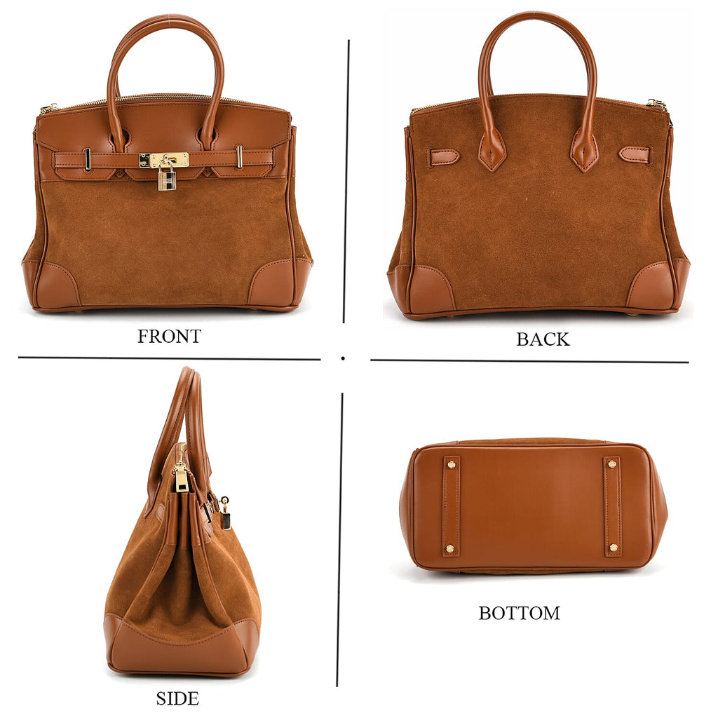 THE MOST DESIRED BAG - Designer Inspired Valliserie Genuine Leather Classic Structured Satchel Bag with Gift Box - Tan