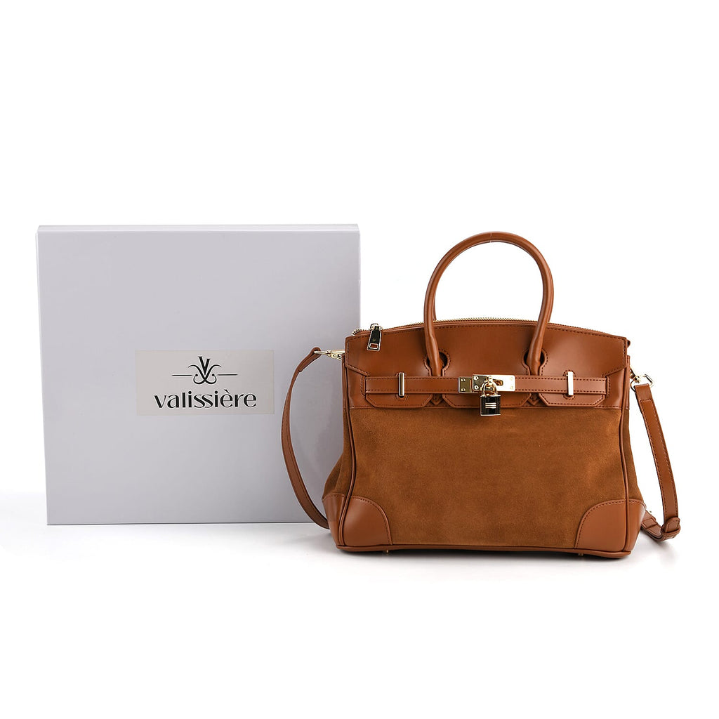 THE MOST DESIRED BAG - Designer Inspired Valliserie Genuine Leather Classic Structured Satchel Bag with Gift Box - Tan