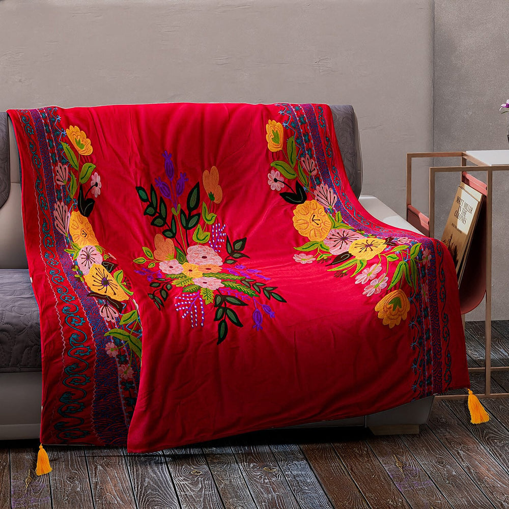Velvet Embroidered Throw Blanket with Tassels (Size 125x150 Cm) - Red & Multi