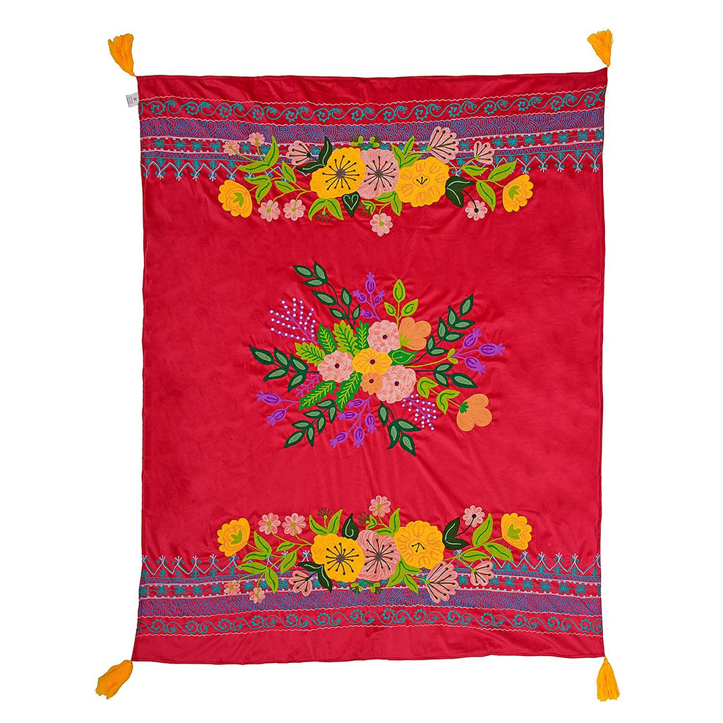Velvet Embroidered Throw Blanket with Tassels (Size 125x150 Cm) - Red & Multi