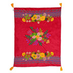 Velvet Embroidered Throw Blanket with Tassels (Size 125x150 Cm) - Red & Multi