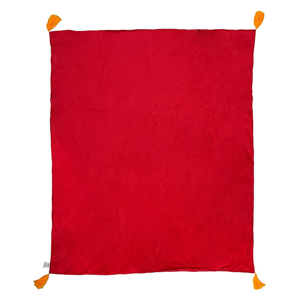 Velvet Embroidered Throw Blanket with Tassels (Size 125x150 Cm) - Red & Multi