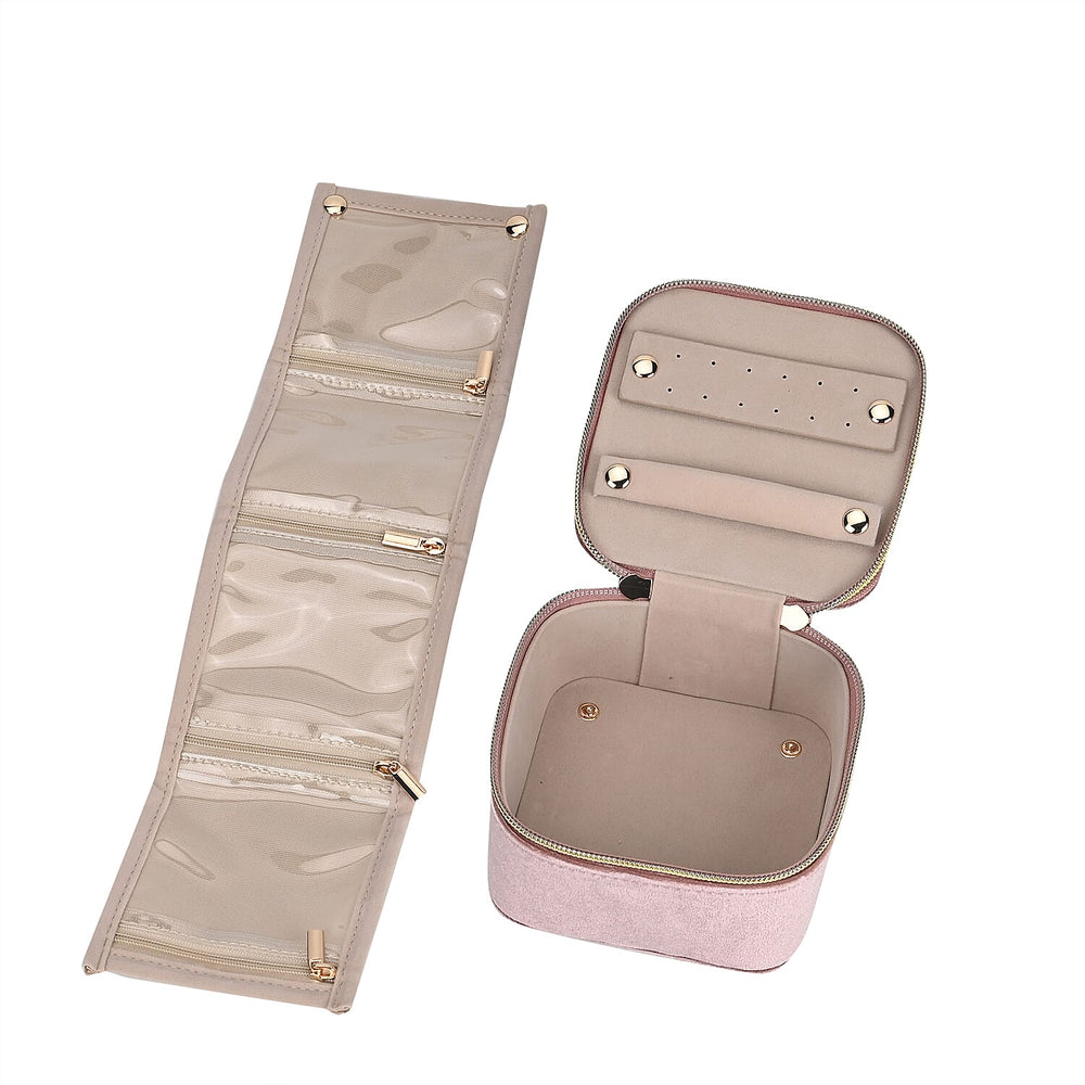 Velvet Jewellery Organiser with 4 Zipper Pockets (Size 12x12x7 cm) - Pink