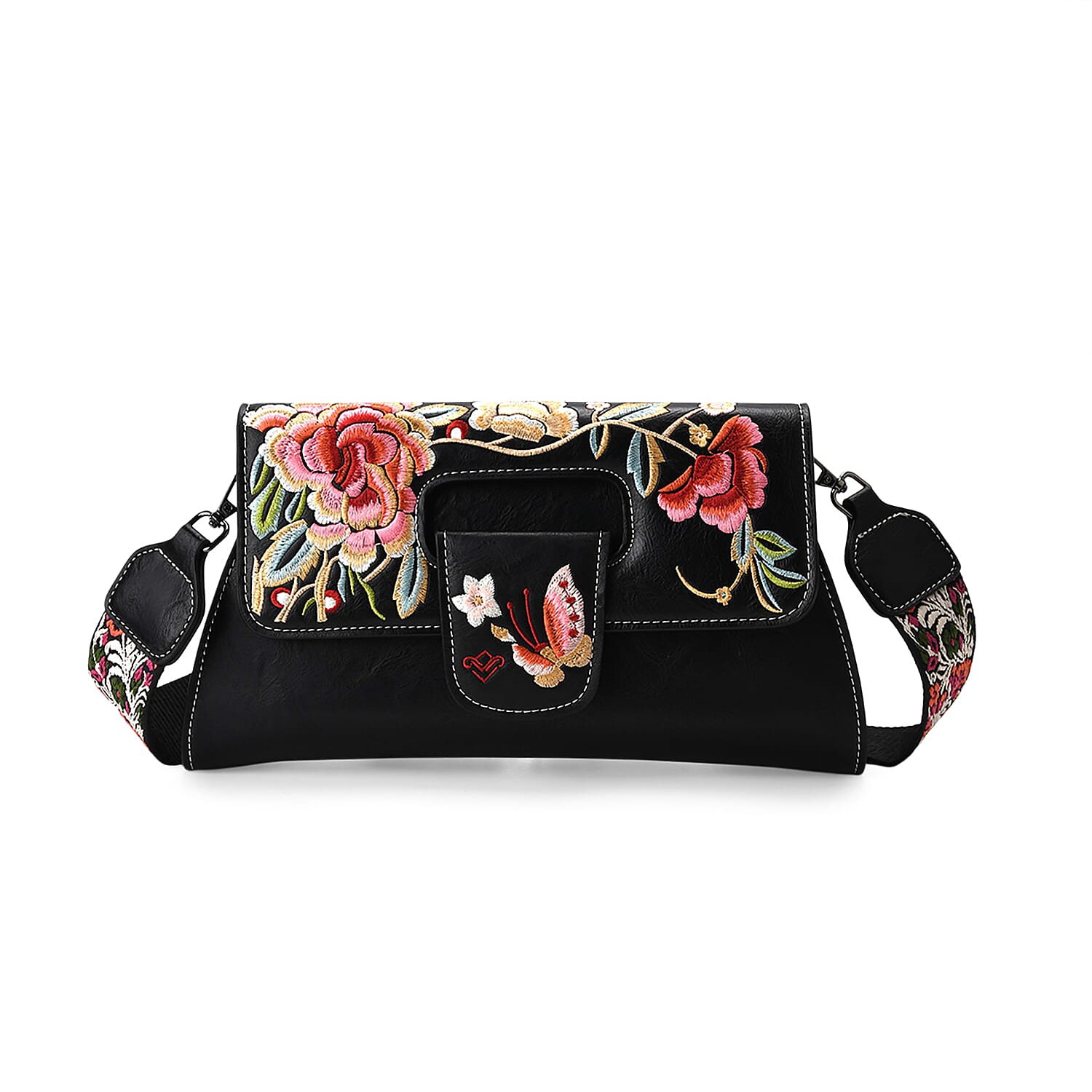 Vintage Chinese Hand Embroidered Crossbody Bag - Black