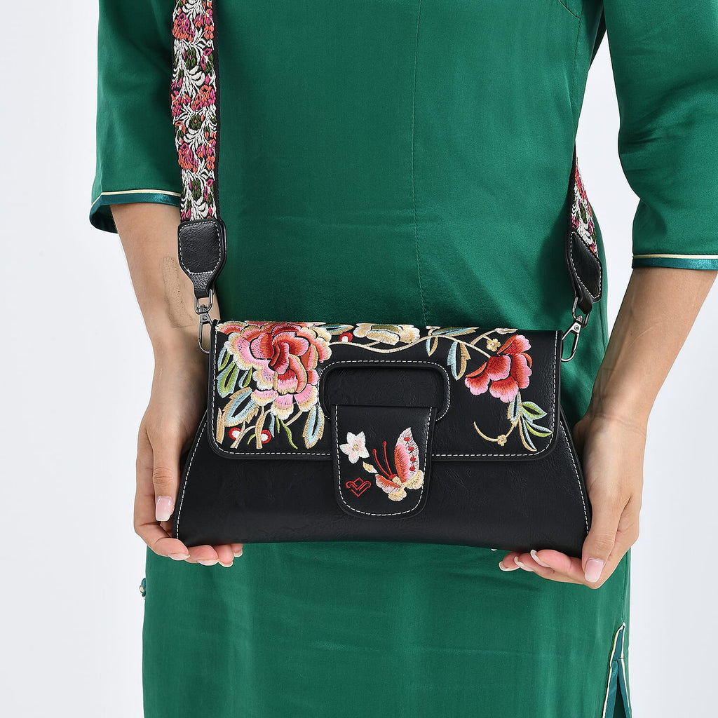 Vintage Chinese Hand Embroidered Crossbody Bag - Black
