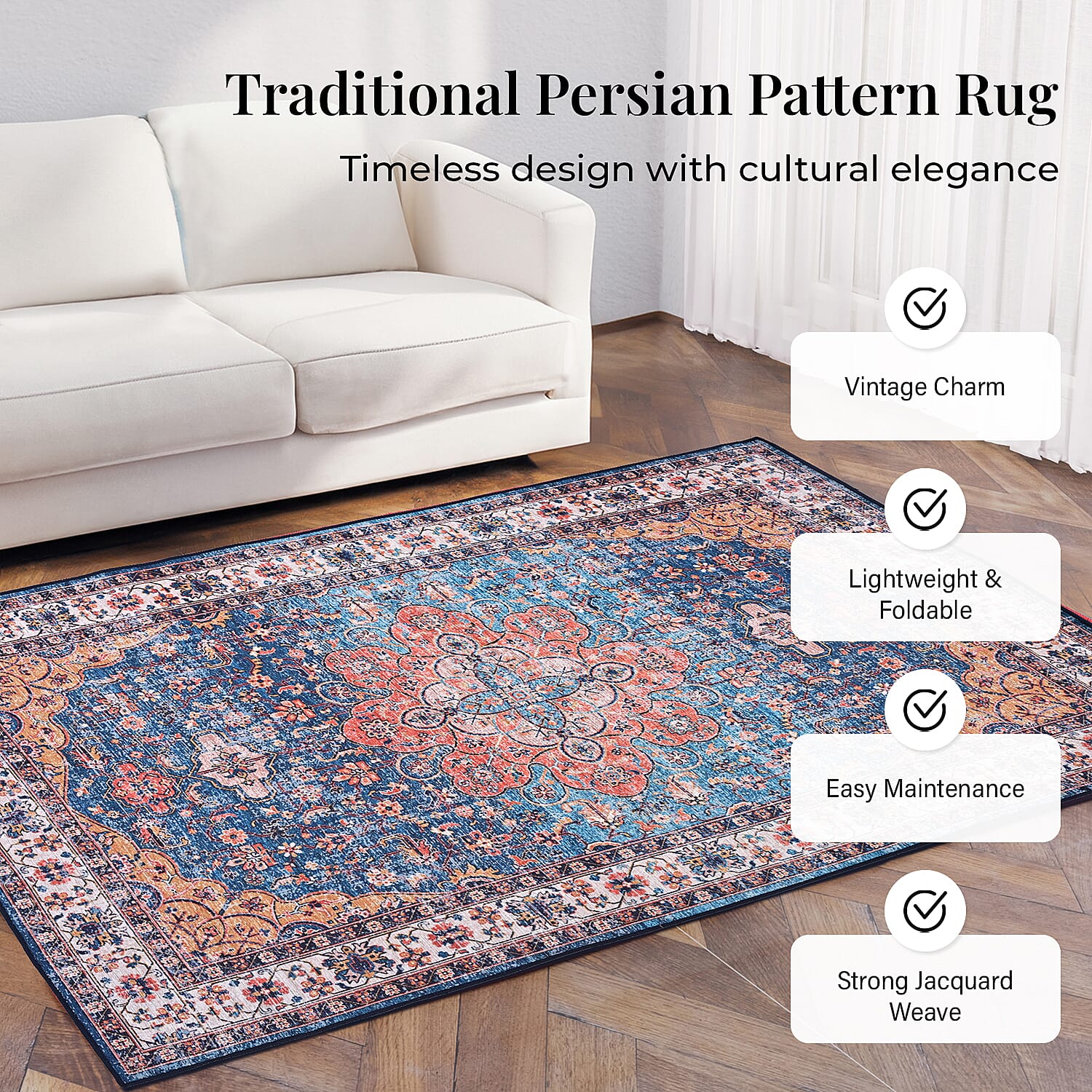 Vintage Printed Chenille Area Rug with Non-Slip Backing (180x120cm) - Multicolor