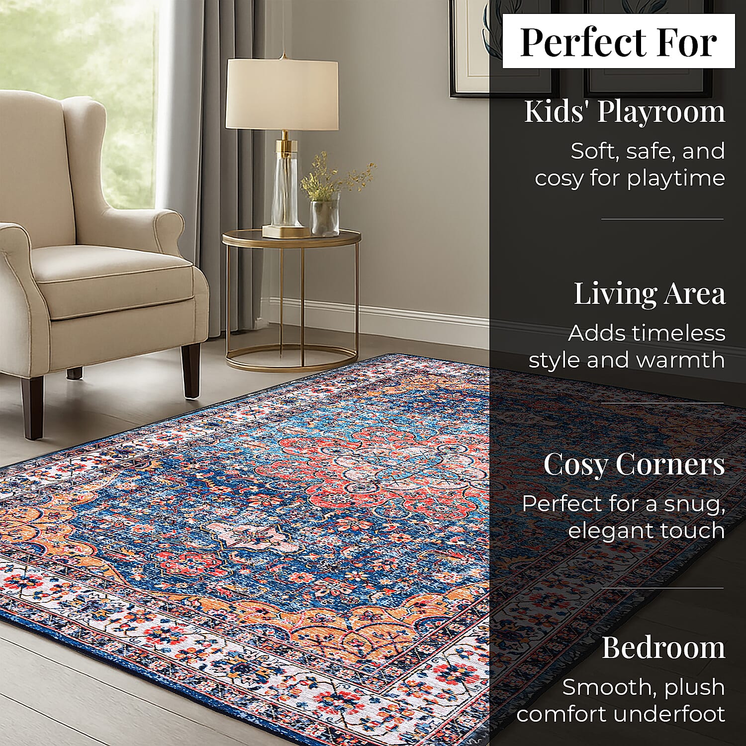 Vintage Printed Chenille Area Rug with Non-Slip Backing (180x120cm) - Multicolor