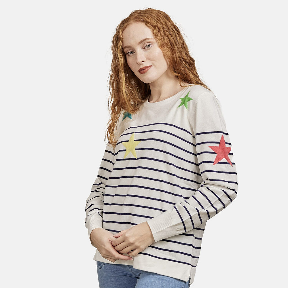 Mudflower Ladies Stars - Stripes Jumper (Size 12) - White - Navy