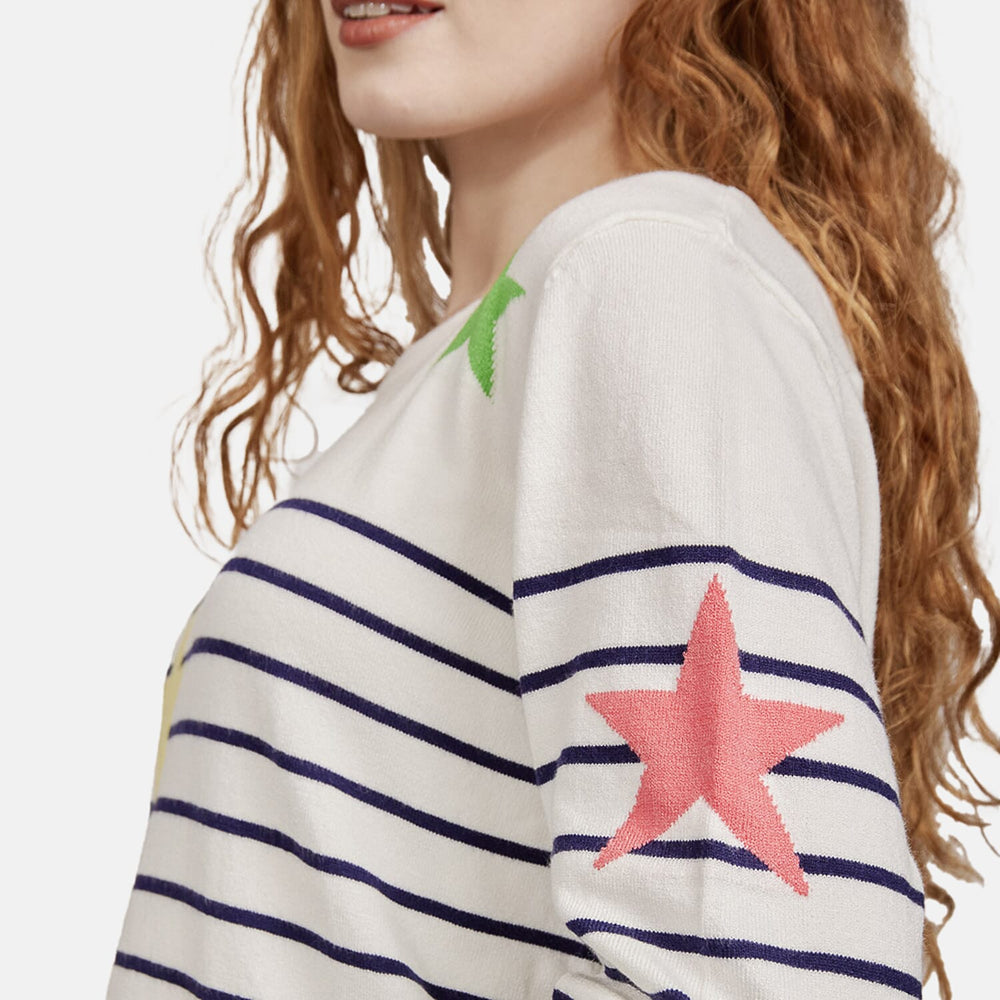 Mudflower Ladies Stars - Stripes Jumper (Size 12) - White - Navy