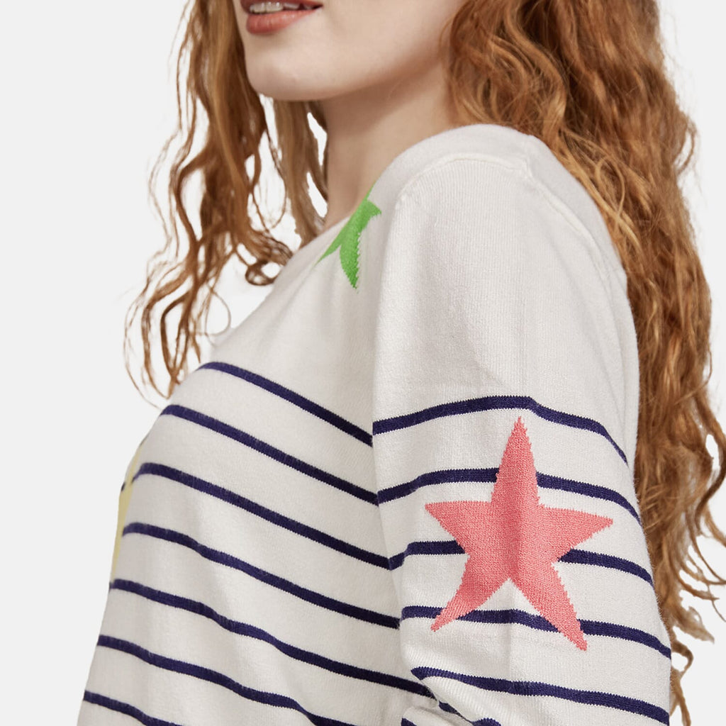 Mudflower Ladies Stars - Stripes Jumper (Size 12) - White - Navy