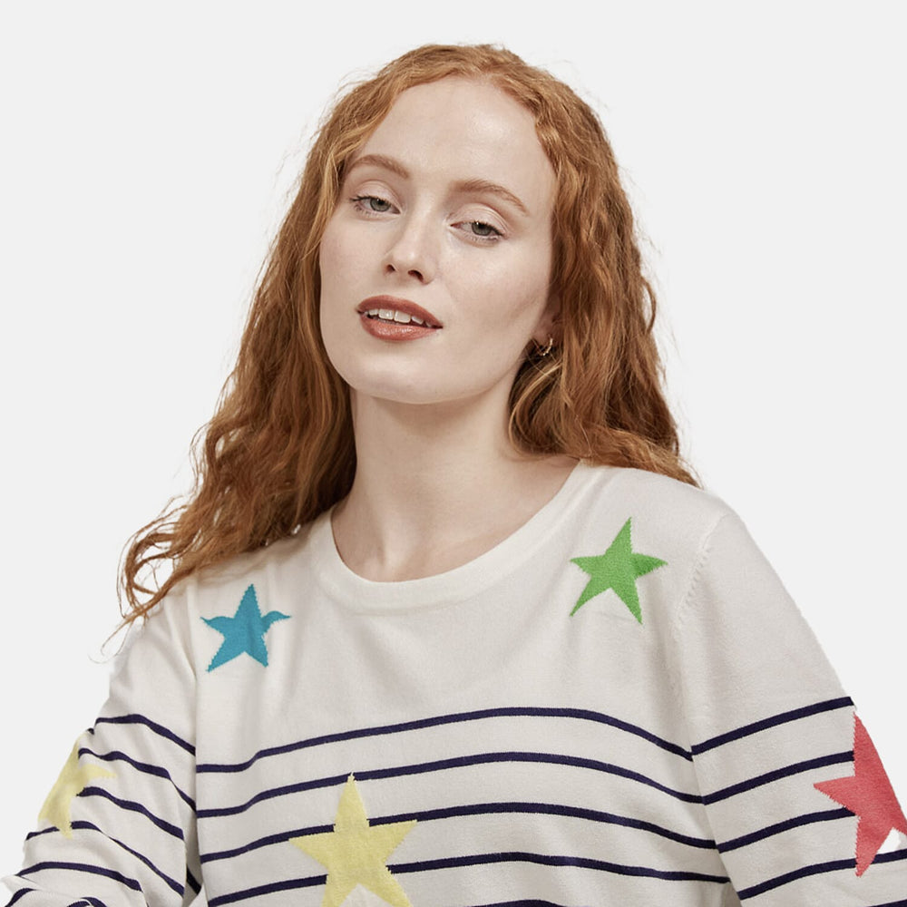 Mudflower Ladies Stars - Stripes Jumper (Size 12) - White - Navy