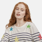 Mudflower Ladies Stars - Stripes Jumper (Size 12) - White - Navy