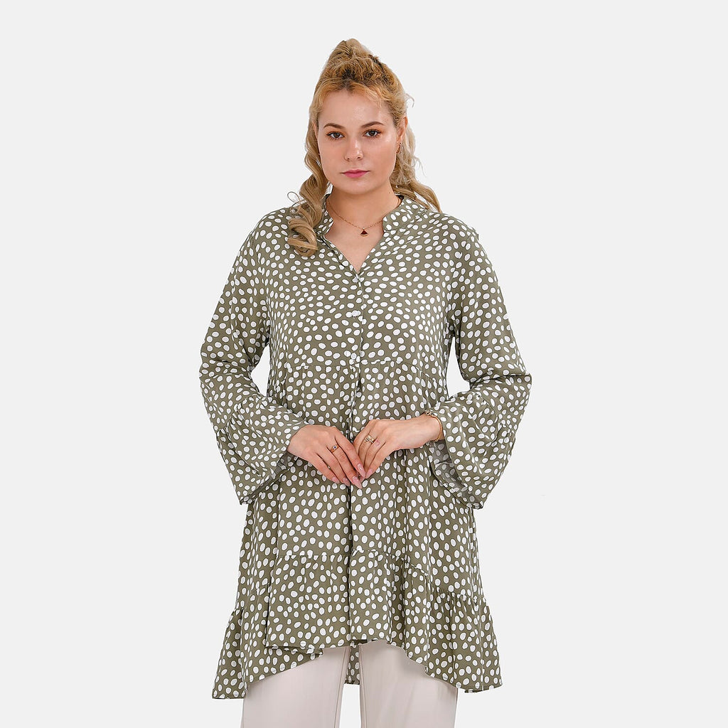 La Marey 100% Viscose Polka Dot Pattern V-Neck Casual Tunic Dress (Size - S-M, 10-14) - Green