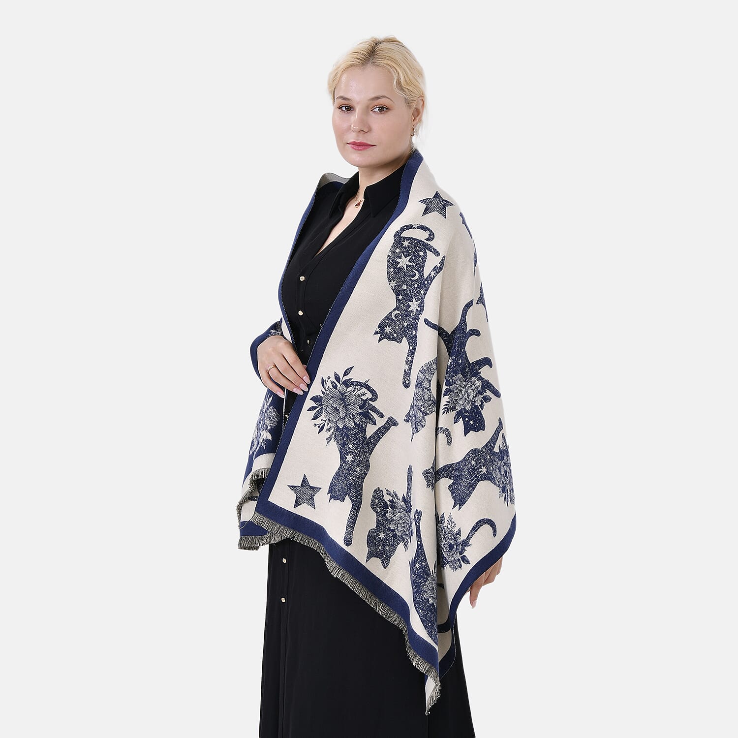 Viscose Printed Shawl (Size 185x65 cm) - Beige Blue & Beige