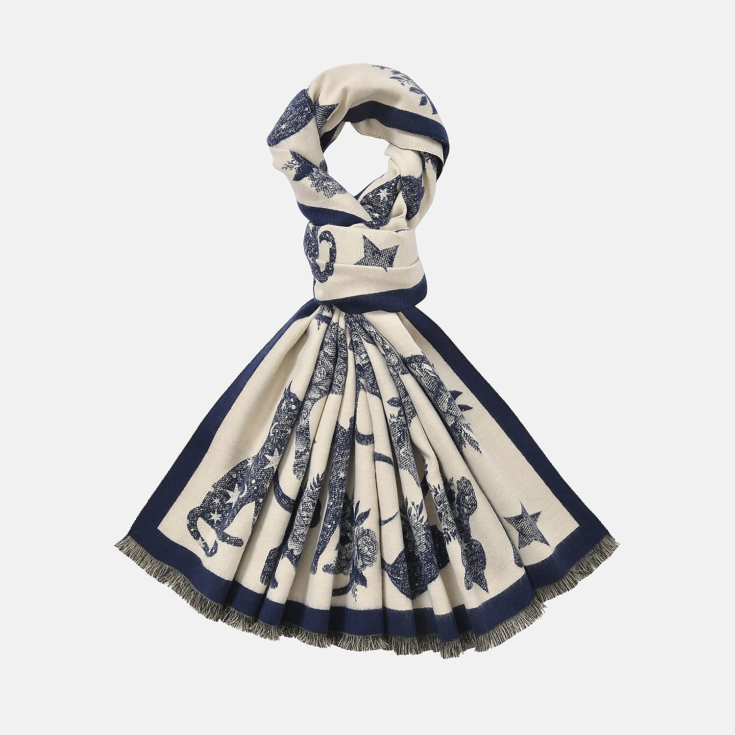 Viscose Printed Shawl (Size 185x65 cm) - Beige Blue & Beige