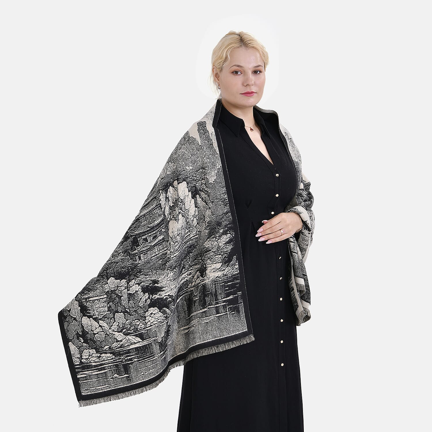 Viscose Printed Shawl (Size 185x65 cm) - Beige