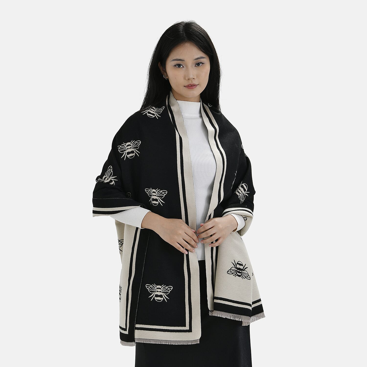 Closeout Deal Honeybee Pattern Super Soft Shawl (One Size, 180x67 cm) - Black