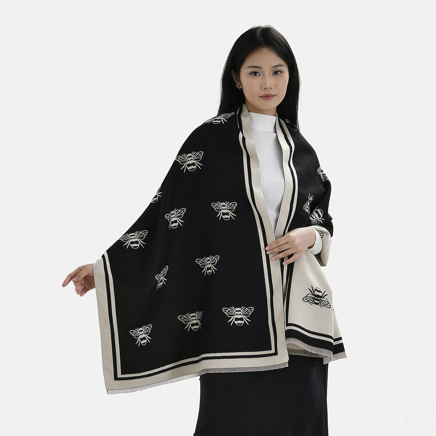 Closeout Deal Honeybee Pattern Super Soft Shawl (One Size, 180x67 cm) - Black