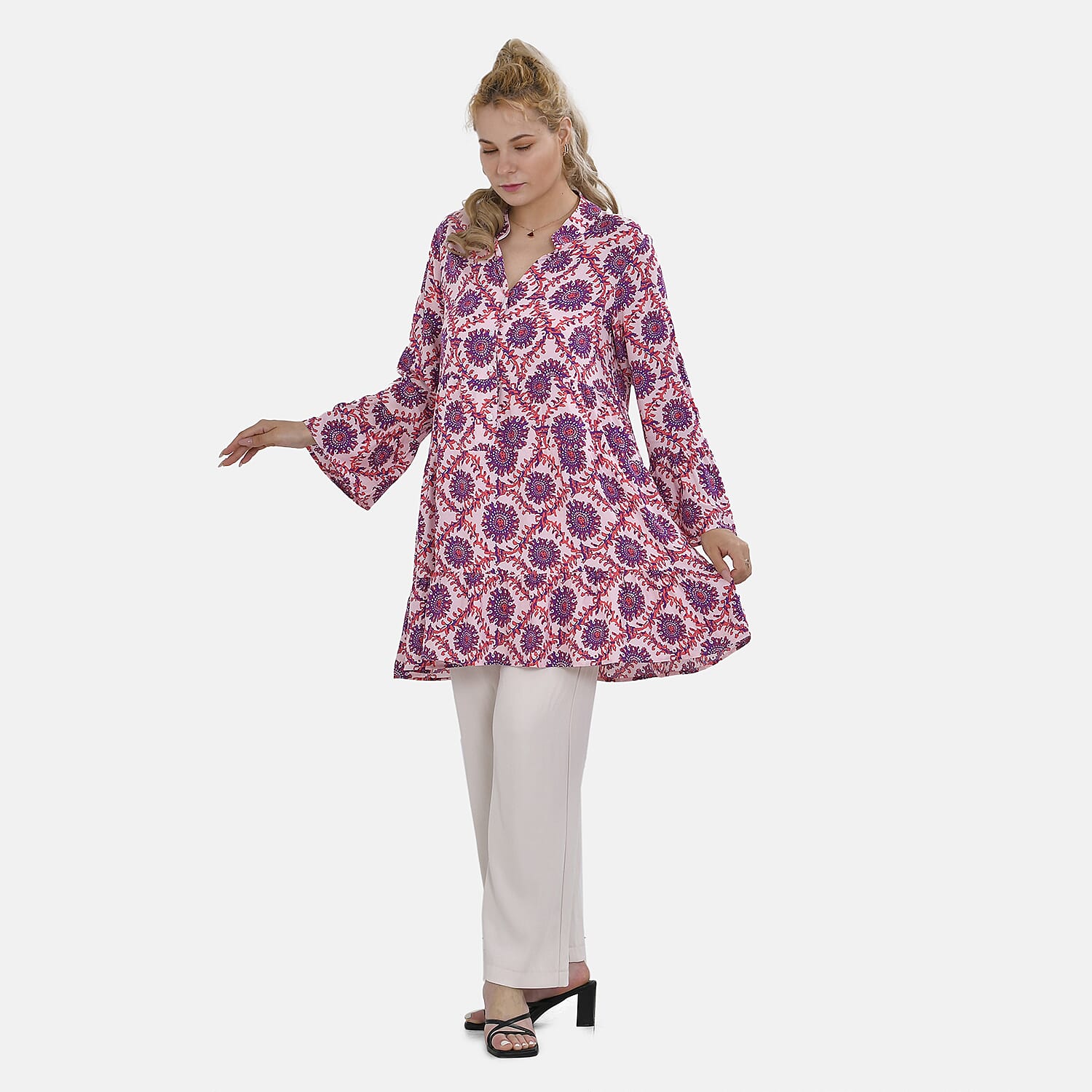 La Marey 100% Viscose Totem Pattern V-Neck Top (Size - L-XL, 16-20) - Pink