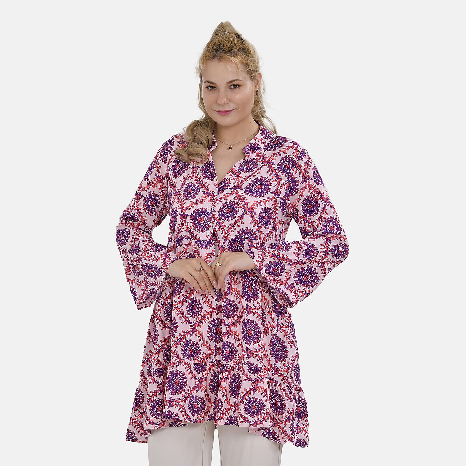 La Marey 100% Viscose Totem Pattern V-Neck Top (Size - L-XL, 16-20) - Pink