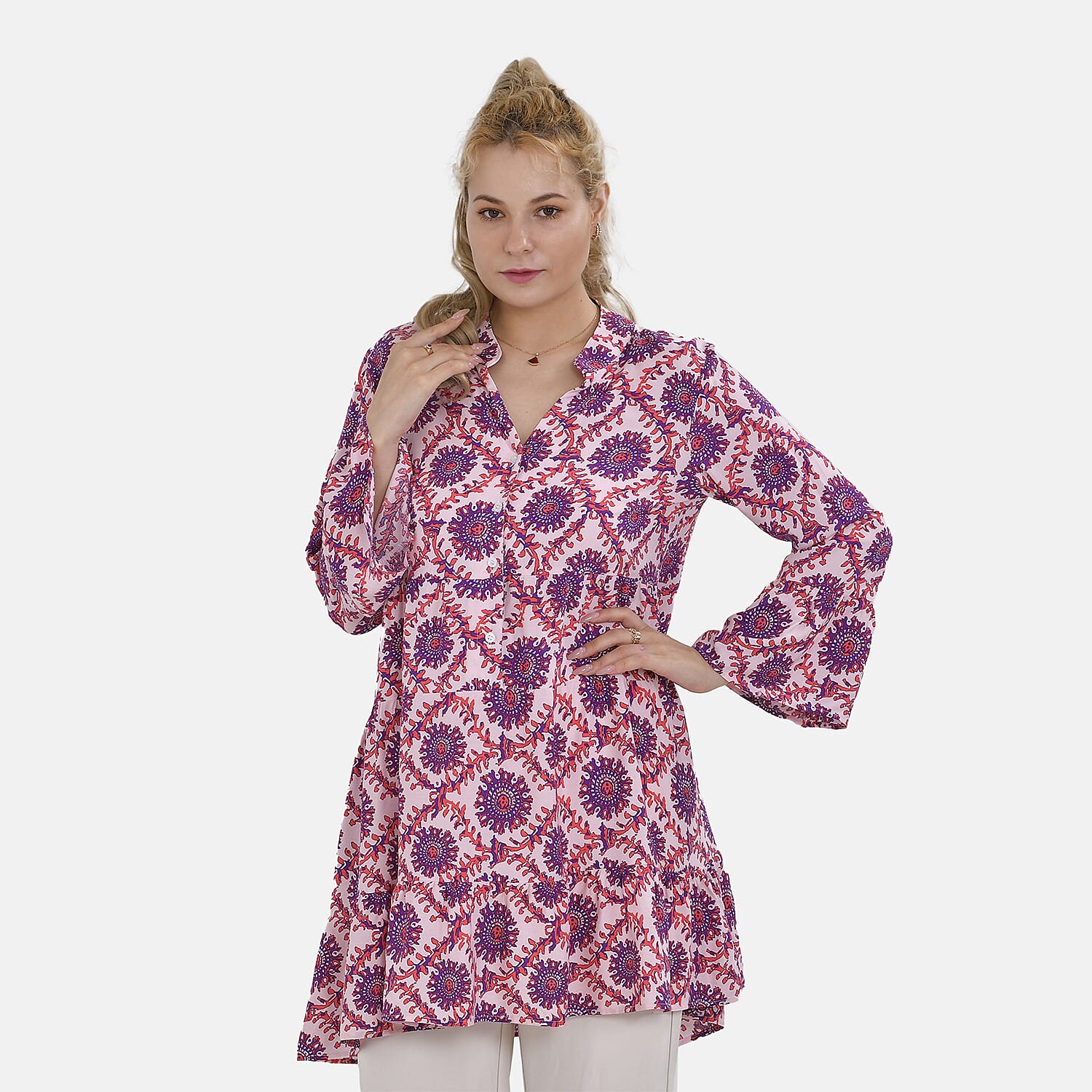 La Marey 100% Viscose Totem Pattern V-Neck Top (Size - L-XL, 16-20) - Pink
