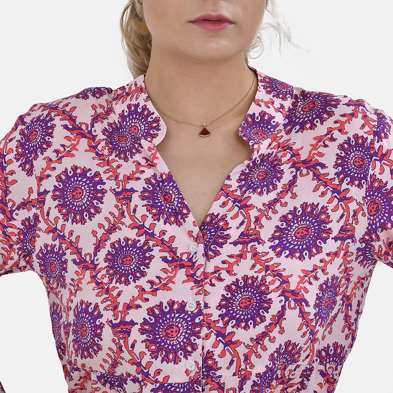La Marey 100% Viscose Totem Pattern V-Neck Top (Size - L-XL, 16-20) - Pink
