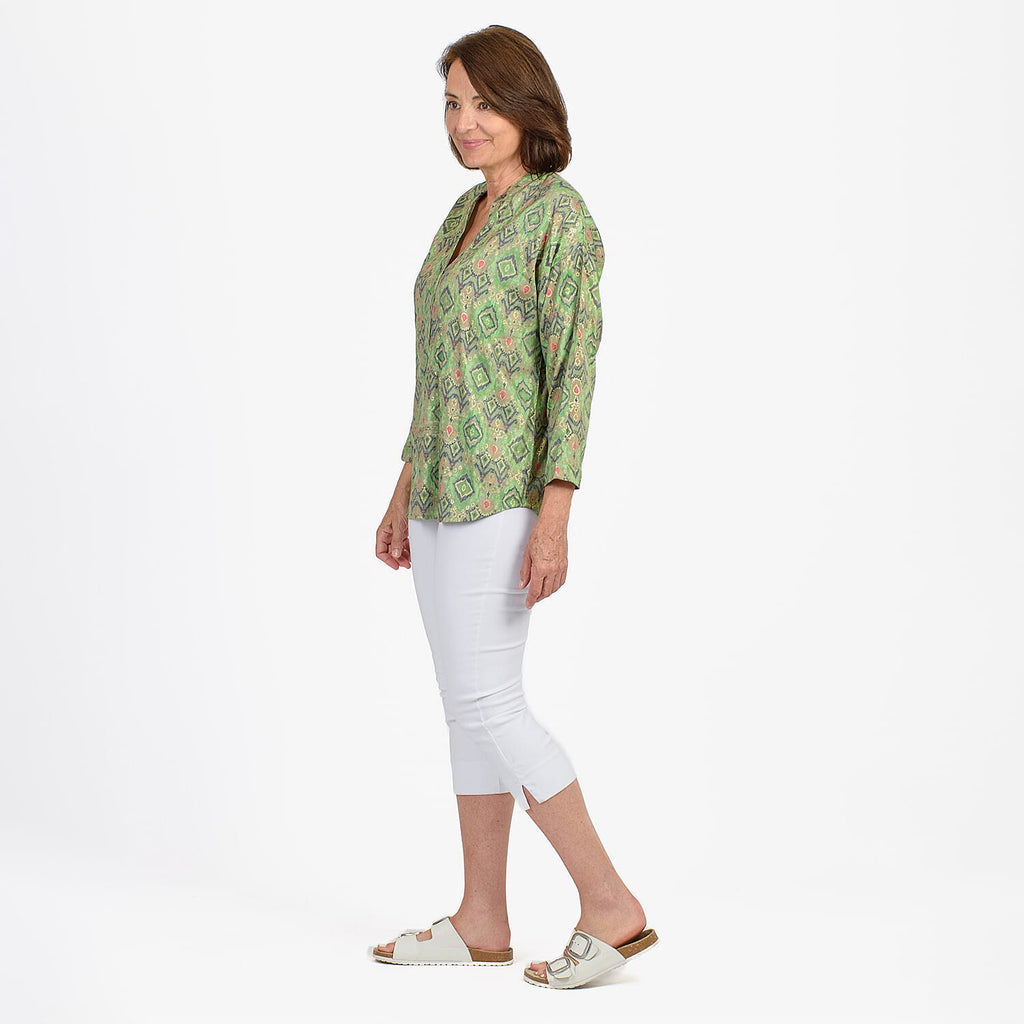 Adonai - Womens Viscose Ikat Print Woven Blouse (Size XL) - Green